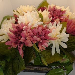 Hand Crafted Floral Table Centerpiece Fall Chrysanthemum Mauve White Basket